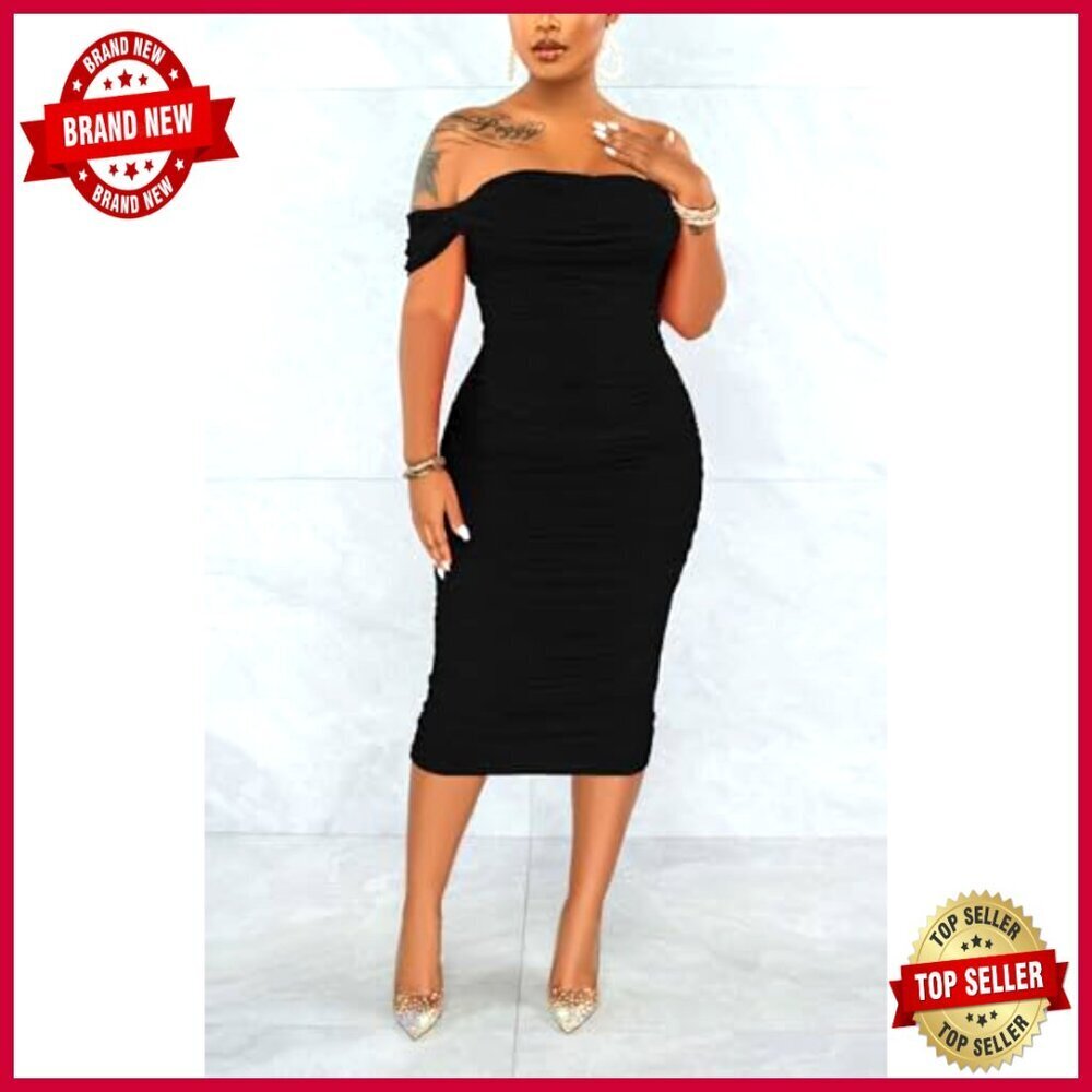 Off Shoulder Bodycon Ruched Midi Dress Elegant Cocktail Evening Party Wear - Picture 2 of 7